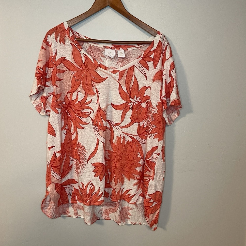 H Halston Orange Floral Print Short Sleeve 100% Linen Shirt‎ Top Plus Size 2X